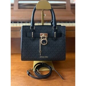 Michael Kors Hamilton Signature Coated Canvas Satchel Black Lock Bag